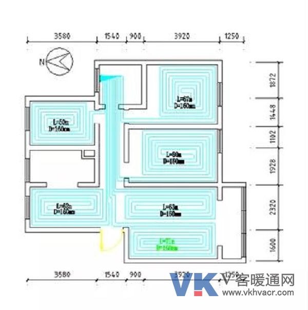 地暖铺设(左,散热器布置(右)平面图